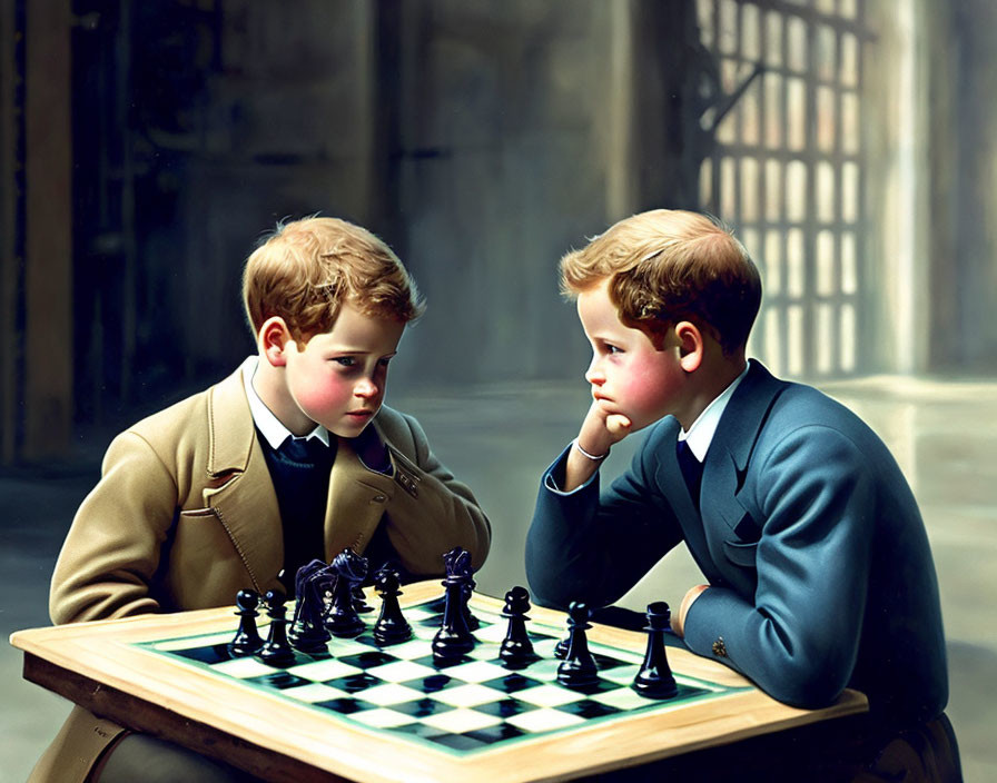 Two boys in formal attire playing chess with deep concentration