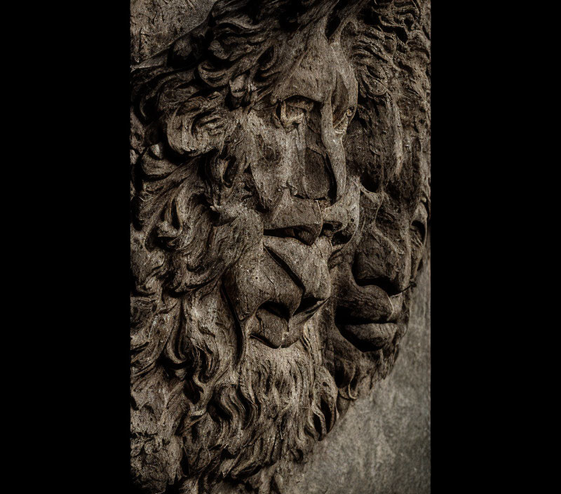 Intricate Lion Head Stone Carving with Textures and Shadows