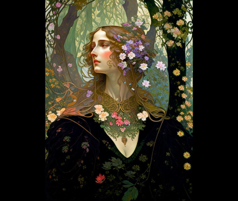 Woman with flowing hair and floral designs in Art Nouveau style.