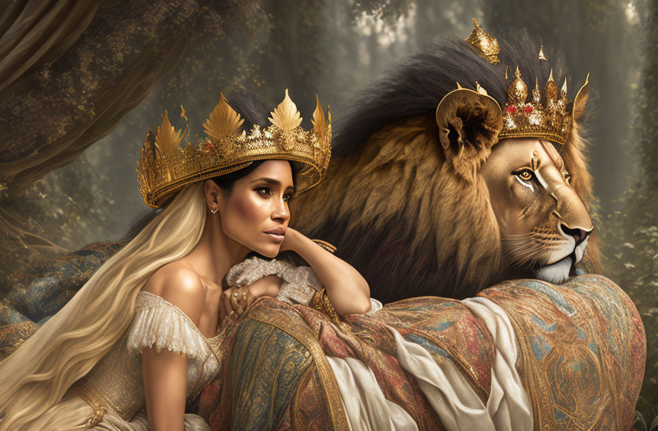 Majestic woman and lion with crowns in noble forest scene