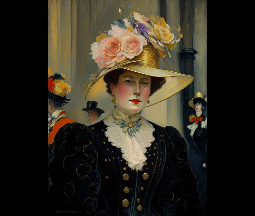 Elegant woman in black coat and floral hat with blurred figures.