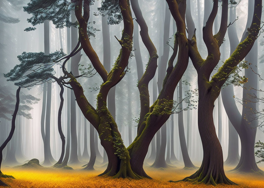 Twisting trunk trees in misty forest with sunlight piercing through