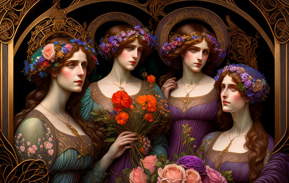 Four women in floral wreaths and flowing dresses in art nouveau frame.