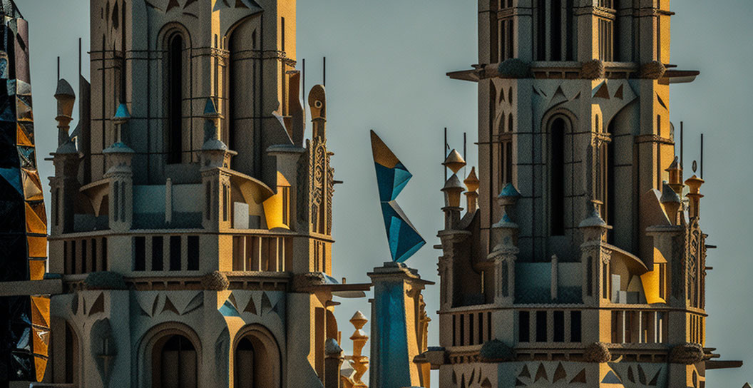 Symmetrical towers with decorative spires in golden-hour light