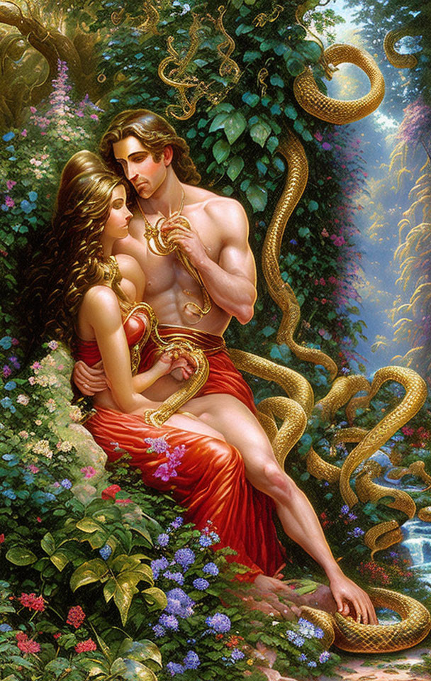 Man and woman in red clothing embrace in lush forest with snake - vibrant nature scene