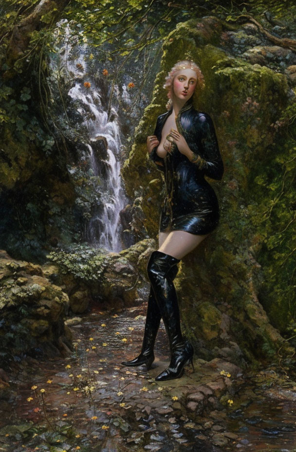 Person in Black Dress and Boots Poses by Woodland Waterfall