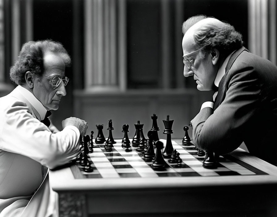 Two Men Playing Chess in Suits at Checkered Table