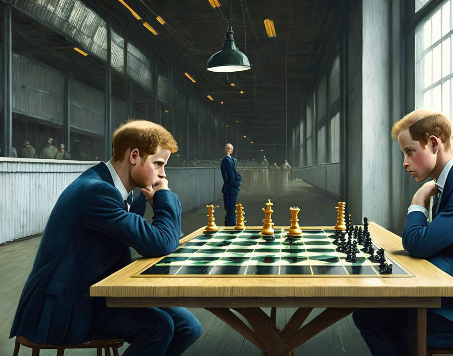 Two people playing chess in an industrial hall with spectators and a man nearby.