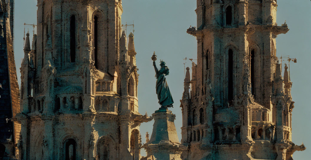 Robed Figure Statue with Crown, Scepter, and Gothic Towers on Blue Sky