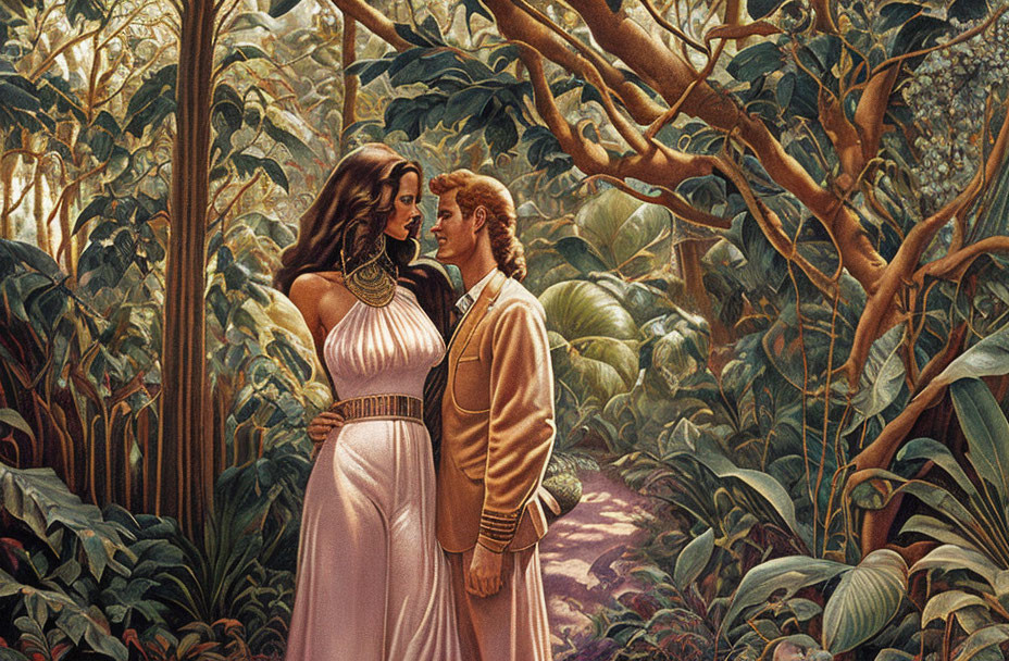 Illustrated Couple Embracing in Lush Jungle Scene