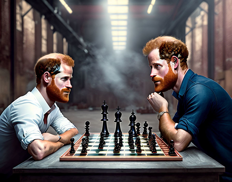 Red-haired men with beards playing chess in dimly lit industrial setting