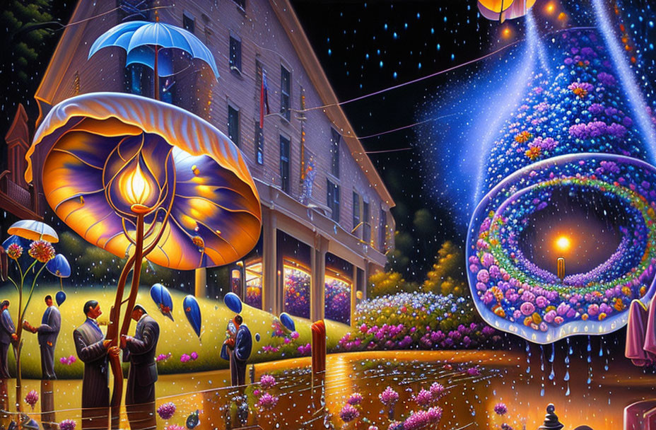 Colorful painting with oversized flowers, mushrooms, and starlit sky