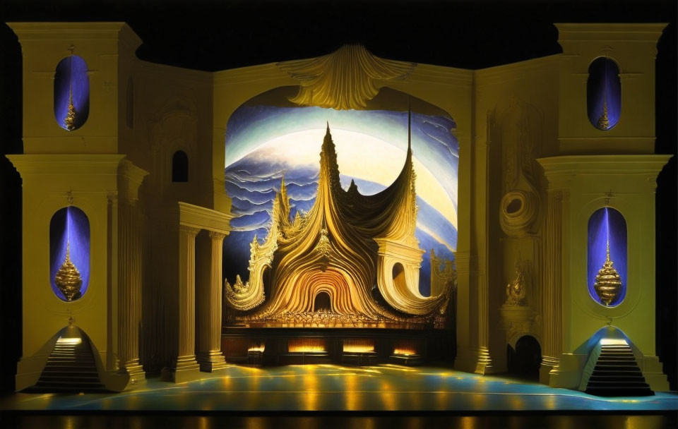 Ornate Golden Architecture on Theatrical Stage with Whimsical Backdrop