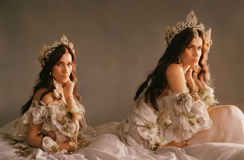 Two women in ornate dresses and tiaras posing elegantly in front of the camera