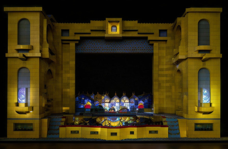 Golden facade theater stage front with medieval castle entrance vibes