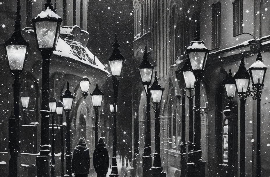 Snowy street scene with two people under glowing street lamps