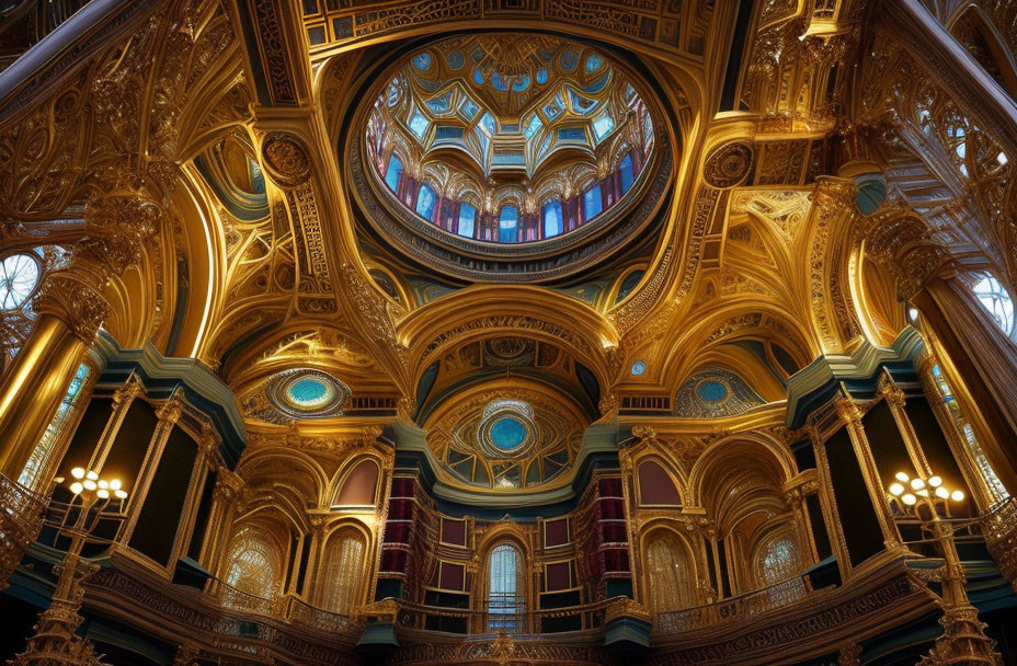 Opulent interior with golden detailing and domed ceiling in intricate designs