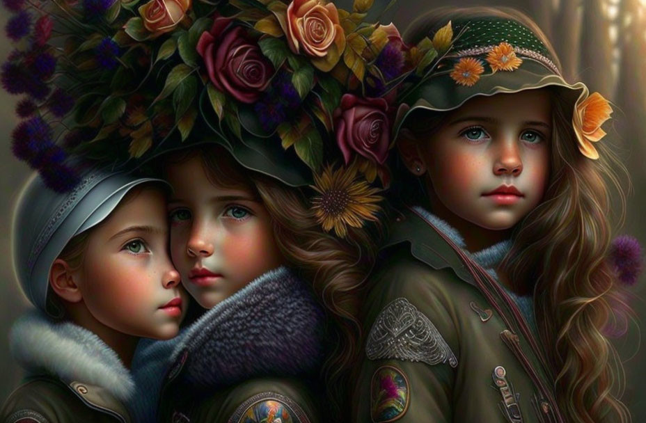 Young girls in floral hats and embellished jackets exude vintage charm