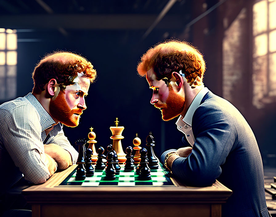 Identical men with red hair and beards playing chess in dimly lit room