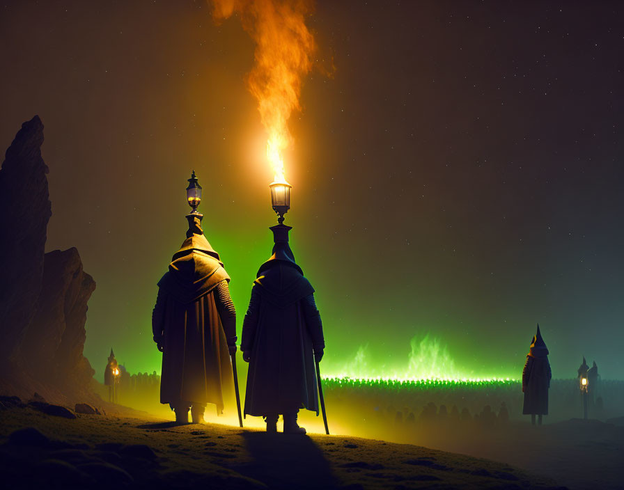 Cloaked Figures Before Green Aurora and Fiery Beacon