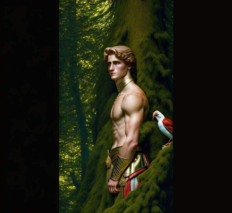 Digital artwork of muscular mythical man with golden accessories standing near tree with red and white bird in dimly