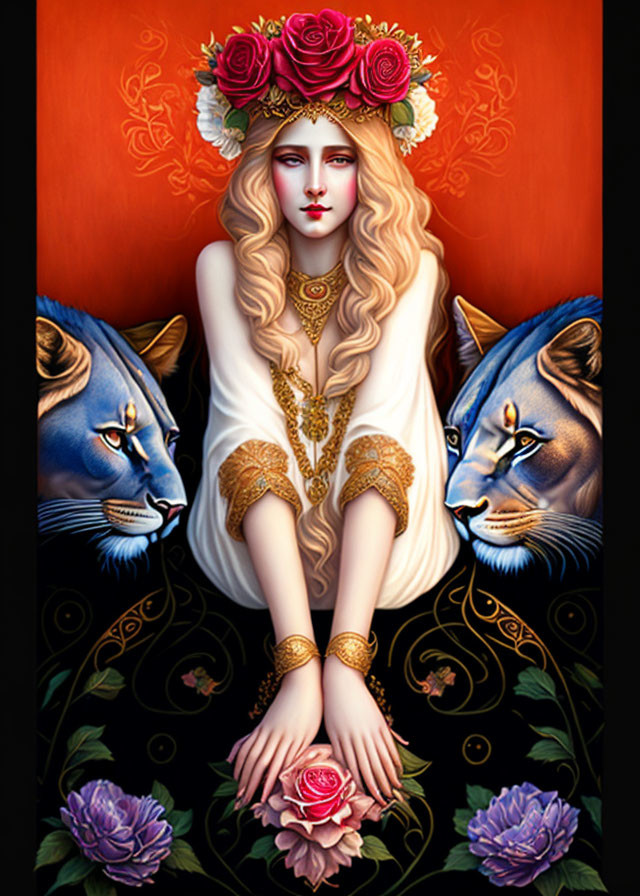 Mystical artwork: Pale woman, red lips, flower crown, blue-eyed tigers, crimson