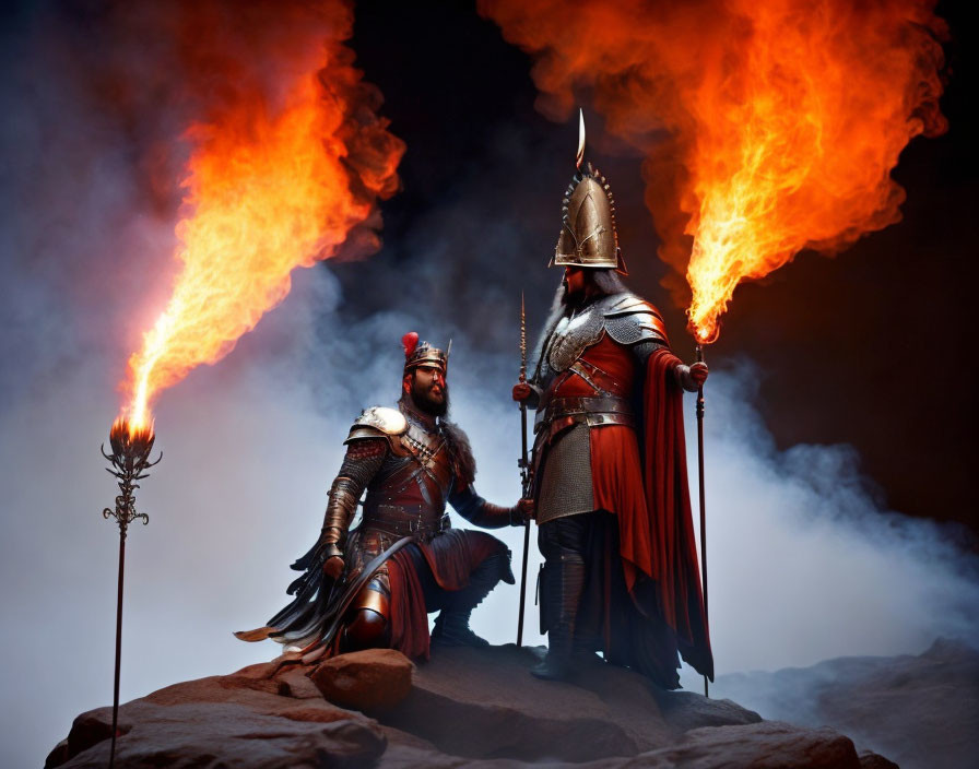 Medieval knights in armor with capes and torches on rocky outcrop