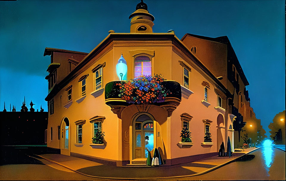 Detailed dusk corner building with warm lighting, balcony flowers, and figure.