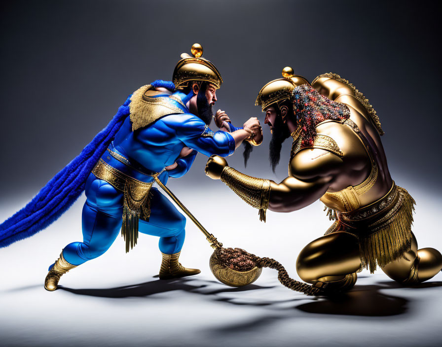 Stylized characters in gold and blue armor in dramatic tug-of-war