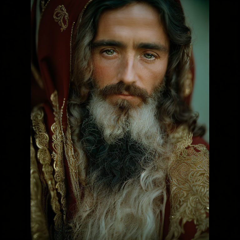 Bearded man in red cloak with gold embroidery