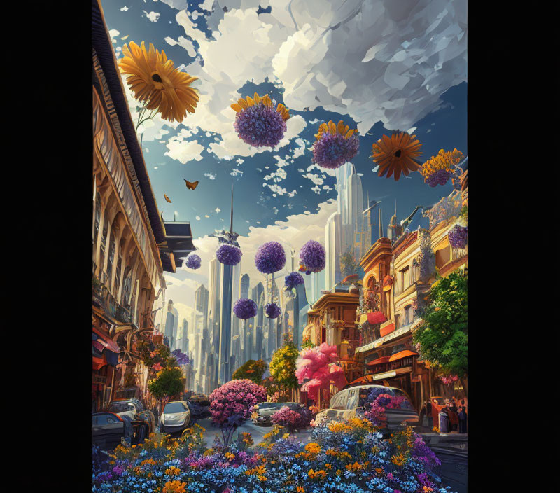 City street with floating flowers and futuristic architecture