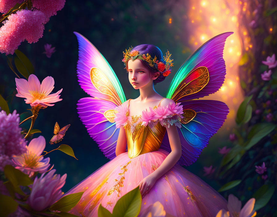 Illustration of whimsical fairy with iridescent wings in vibrant garden