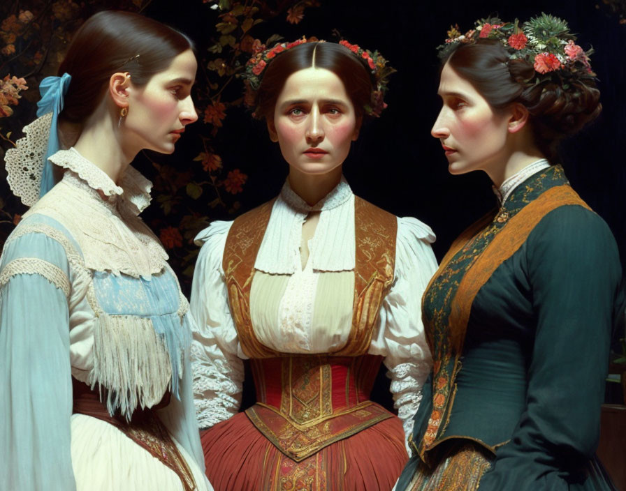 Three Women in Traditional Dresses Posed Against Dark Floral Background