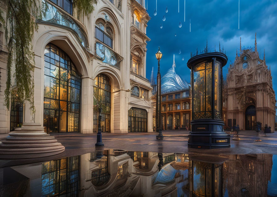 Classic architecture and vintage car on elegant city street after rain