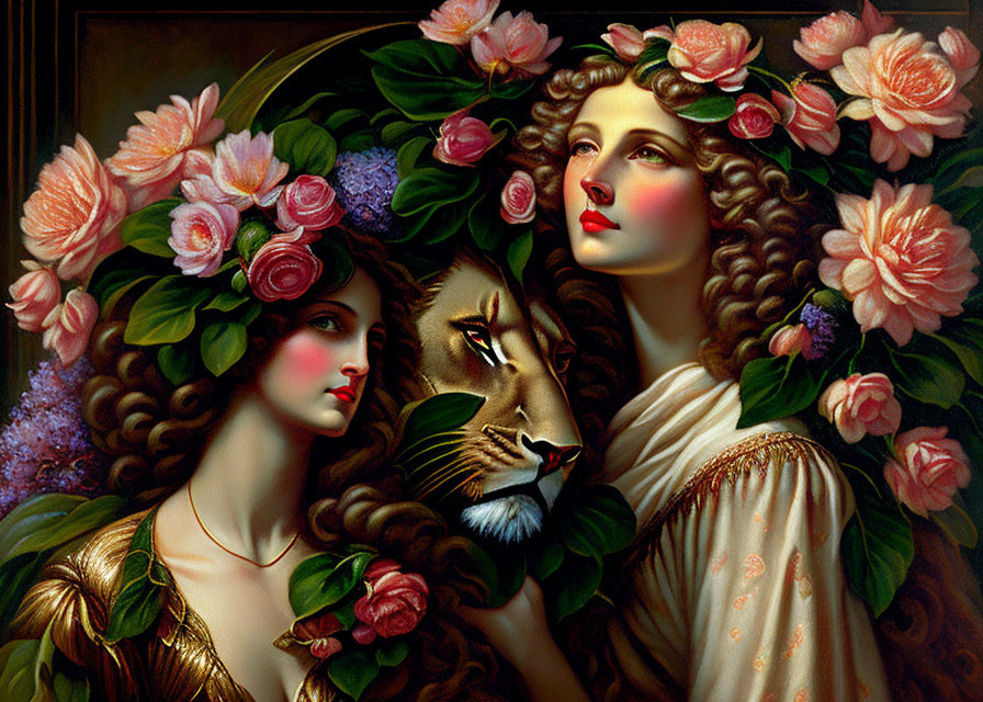 Classical painting of woman with floral wreath and lion in rich colors