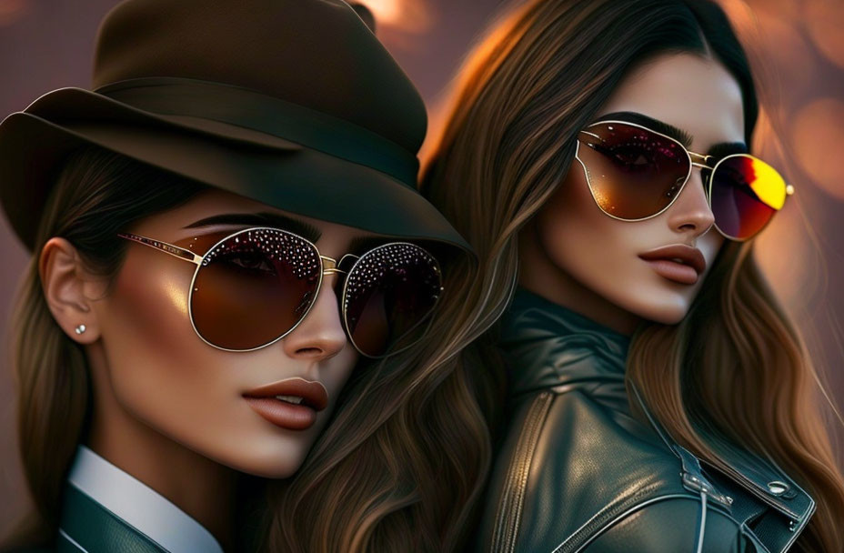 Fashionable Women in Sunglasses and Hats: Digital Portrait with Warm Tones