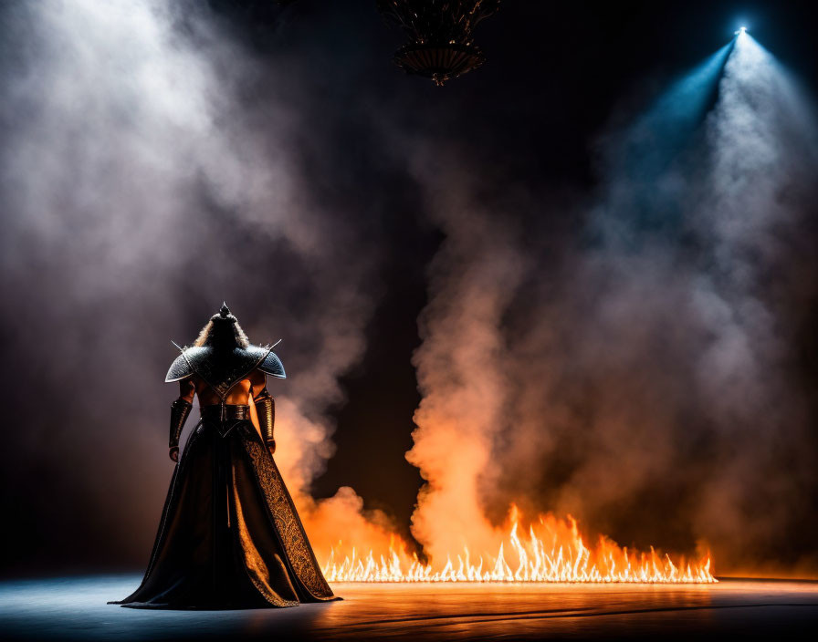 Elaborate costume character in wide-brimmed hat surrounded by ring of fire