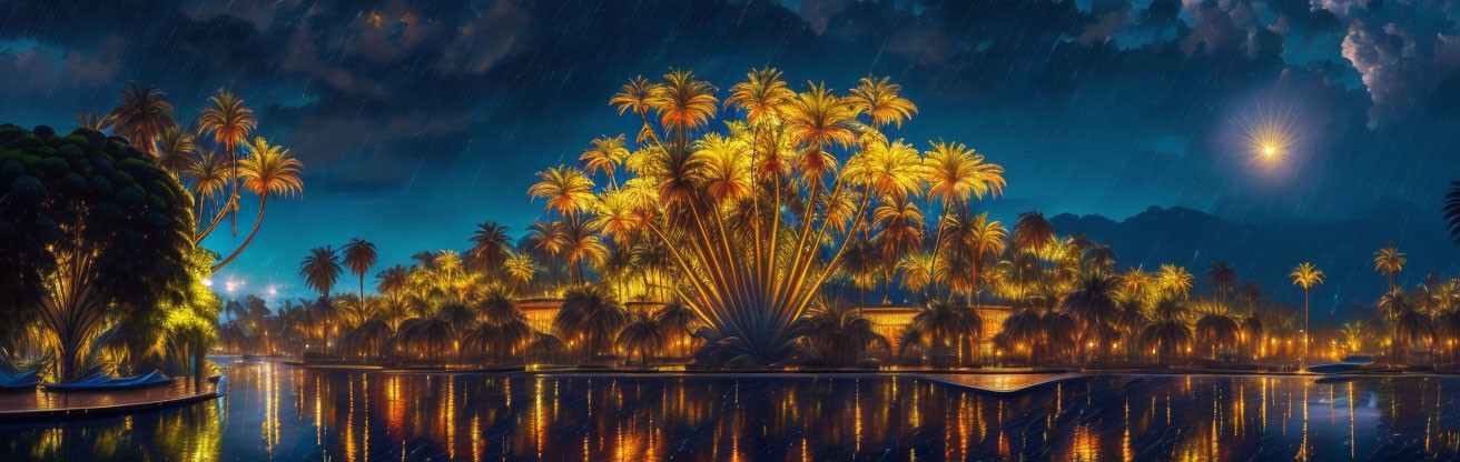 Nighttime Tropical Landscape: Illuminated Palm Trees, Starry Sky & Water Reflections