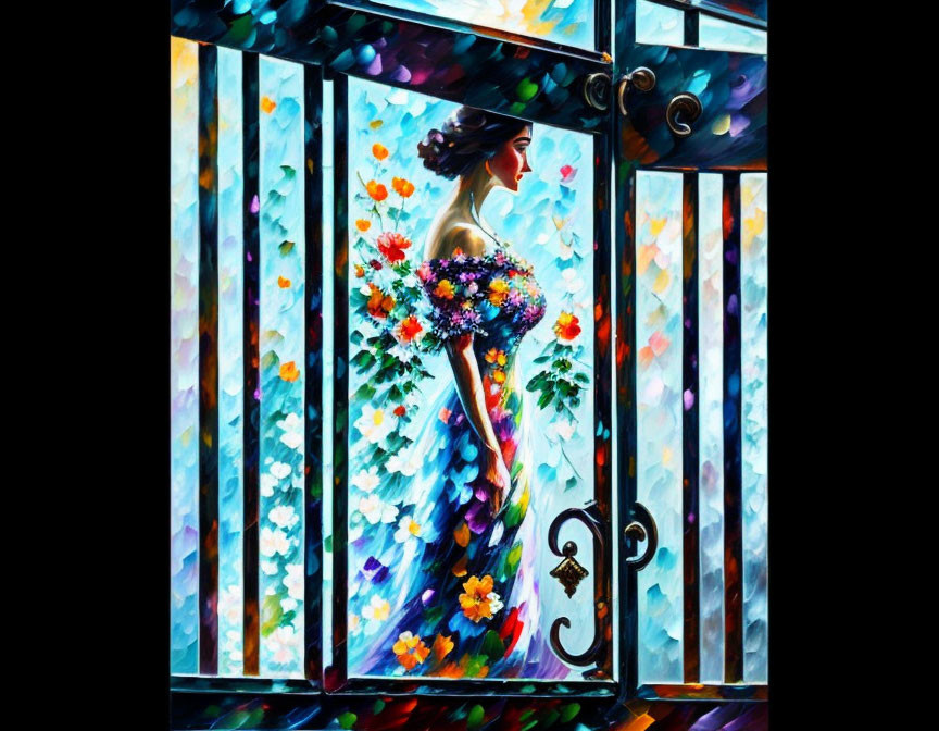 Vibrant painting of woman with bouquet behind ornate gate & floral mosaic.