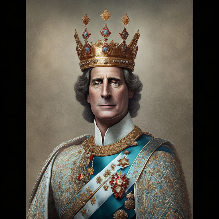 Regal portrait of man in crown and royal attire on muted background