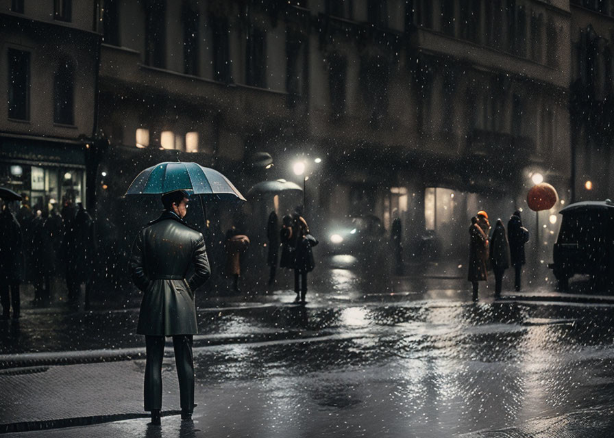 Person with umbrella on rainy city street at night