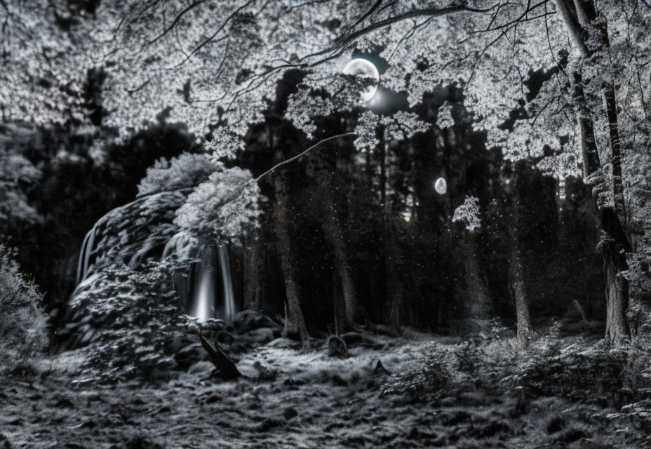 Monochrome mystical forest with moon, light orbs, and waterfall