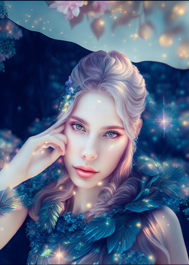 Ethereal woman with braided hair and flowers in glowing lights on dark blue backdrop