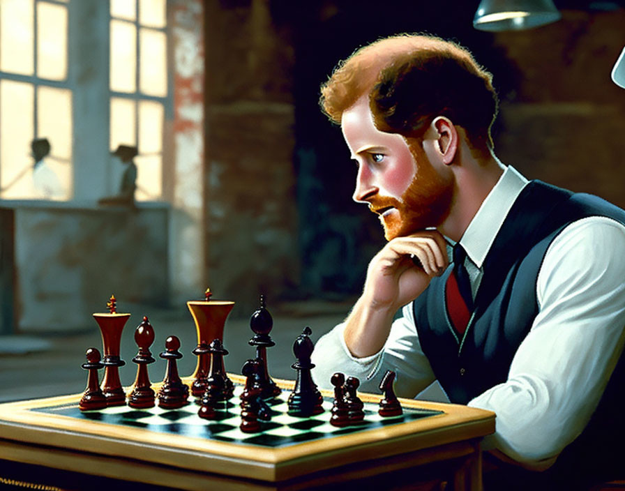 Bearded man in thoughtful pose playing chess in industrial-style room