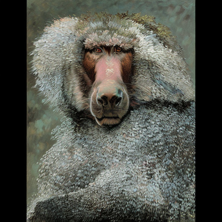 Detailed close-up of focused baboon with fine fur and facial features against textured backdrop