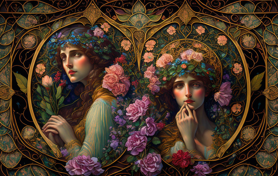 Art Nouveau style featuring two women with floral wreaths and intricate patterns