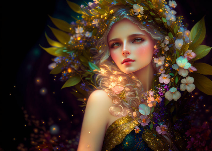 Ethereal woman with floral wreath and magical glow on dark backdrop