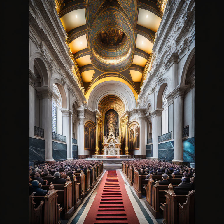 Opulent Cathedral Interior with Arched Ceilings and Golden Decorations