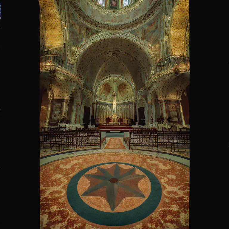 Grand Cathedral Interior with Ornate Ceilings, Gothic Arches, Altar, and Circular Rug