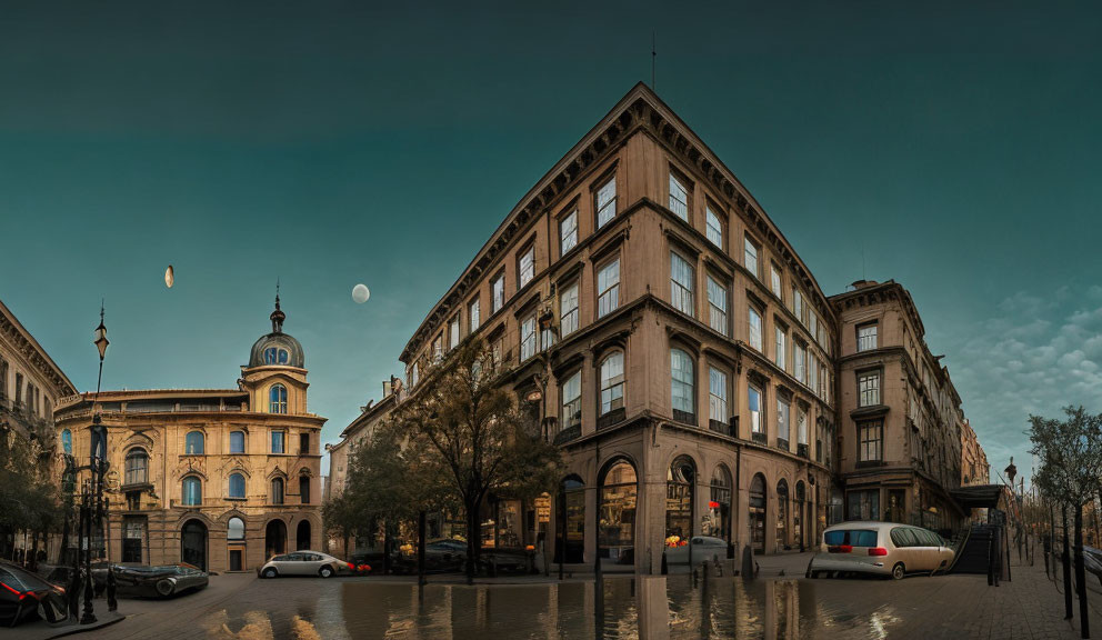 Historic city street corner at dusk with classic European architecture